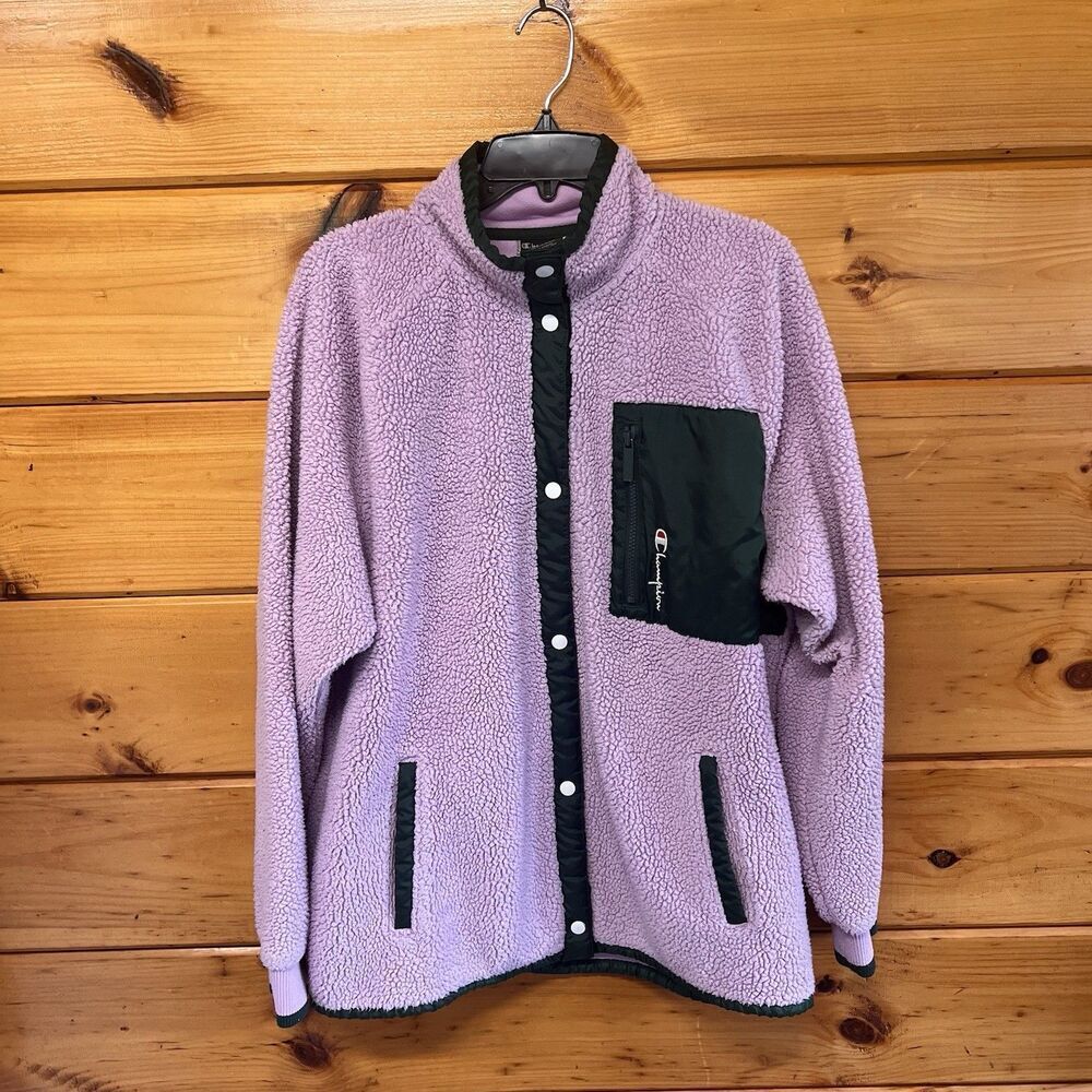 Champion Jacket Womens Large Purple Sherpa Snap Button Green Accent Drawstring